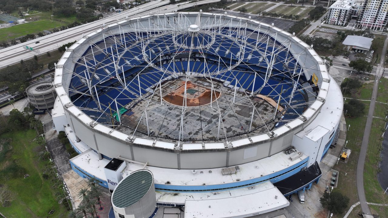 Aerial view of Tropicana Field's damaged roof