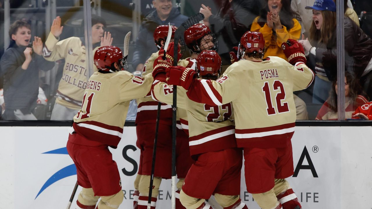 Boston College hockey players celebrate