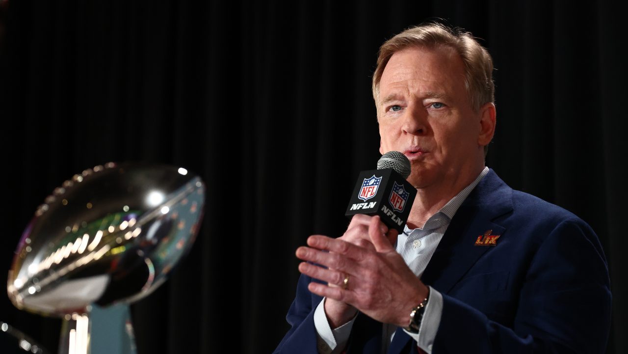 Roger Goodell with Lombardi Trophy ahead of Super Bowl LIX
